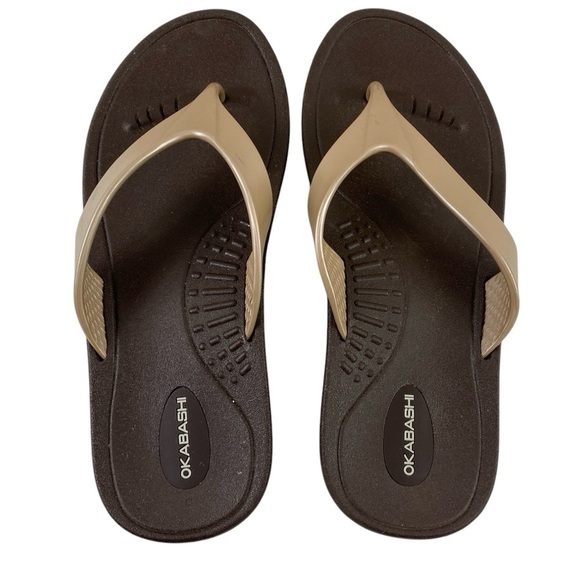 Okabashi Shoes - Okabashi‎ Marina Women’s Open Toe Synthetic Brown Gold Thong Sandals (M/L)